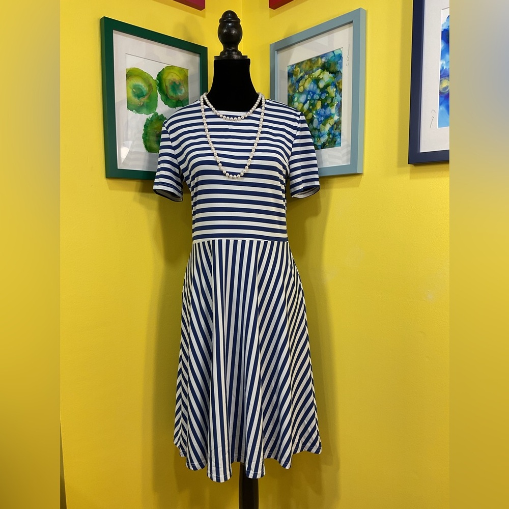 NWT Acevog Blue & White Striped Skater- Style Dress Size Medium